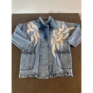 Vintage Vanna White Denim Jacket Medium Western Blazer Embroidered Floral Blue